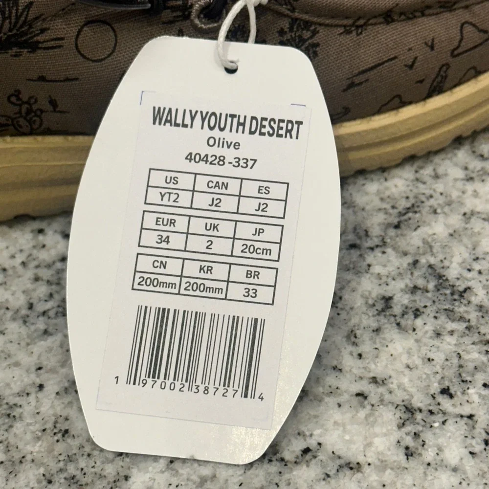 Hey Dude Youth Size 2 Wally‎ Desert Olive Brown Canvas Slip On Loafers 40428-337